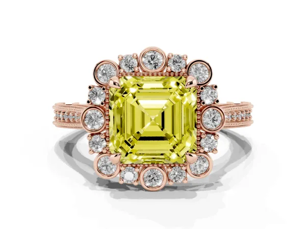 Fancy Yellow Asscher Cut Halo Milgrain Pave Diamond Ring with Four-Prong Setting Rose gold