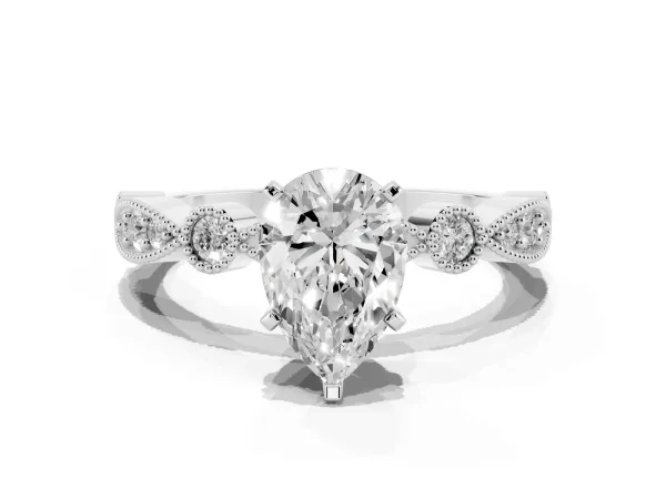 Pear Cut Milgrain Bezel Diamond Engagement Ring with Solitaire Prong Setting Platinum