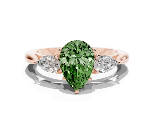Fancy Green Three-Stone Pear Cut Brilliant Diamond Solitaire Ring with Tapered Band and Four-Prong Setting Rose gold