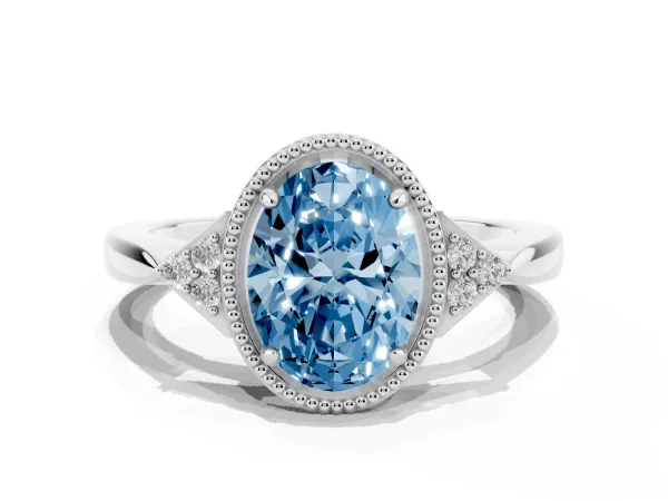 Fancy Blue Hexagonal Halo Oval Cut Diamond Solitaire with Pavé Band and Four-Prong Setting Platinum