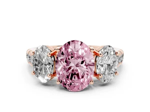 Fancy Pink Three-Stone Oval Cut Diamond Pavé Band with Prong Setting Rose gold