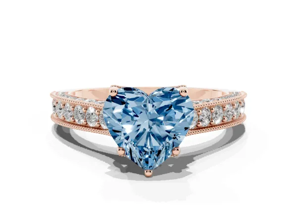 Fancy Blue Heart Cut Cut Diamond Solitaire Ring with Milgrain Pave Band and Four Prong Setting Rose gold