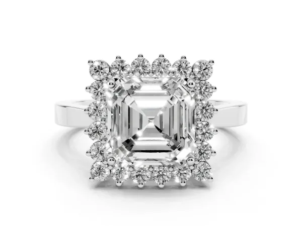 Asscher Cut Cut Diamond Halo Ring with Round Brilliant Halo and Solitaire Band White gold