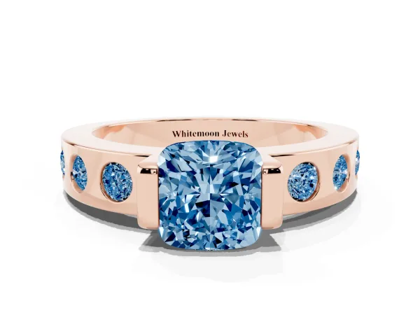 Fancy Blue Cushion Cut Brilliant Channel-Set Diamond Ring with Bezel Prong Setting Rose gold
