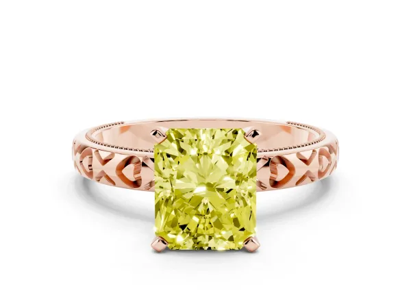 Fancy Yellow Radiant Cut Solitaire Diamond Engagement Ring with XO Engraved Band and Four-Prong Setting Rose gold