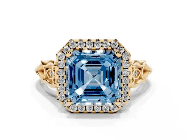 Fancy Blue Asscher Cut Halo Diamond Engagement Ring with Filigree Band and Four-Prong Setting Yellow gold