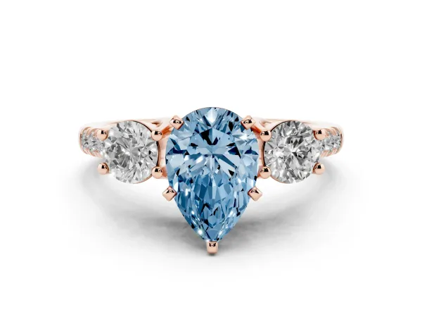 Fancy Blue Three-Stone Pear Cut Diamond Pavé Band with Four-Prong Setting Rose gold