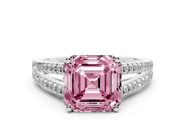 Fancy Pink Asscher Cut Diamond Solitaire Engagement Ring with Split Shank Pavé Band White gold