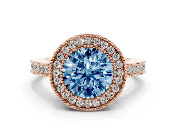 Fancy Blue Round Cut Cut Halo Diamond Ring with Pavé Band and Milgrain Prong Setting Rose gold