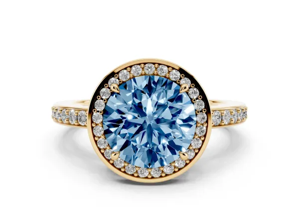 Fancy Blue Round Cut Halo Pave Band Solitaire Ring with Prong Setting Yellow gold