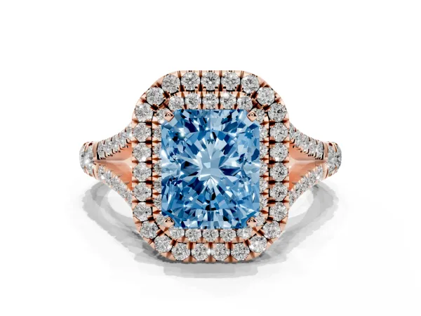 Fancy Blue Radiant Cut Diamond Pavé Split Shank Double Halo Engagement Ring Rose gold