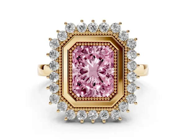 Fancy Pink Radiant Cut Halo Diamond Ring with Milgrain Edge and Round Prong Setting Yellow gold