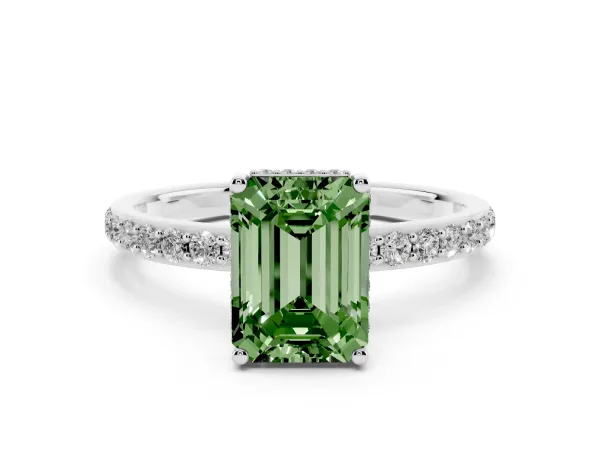 Fancy Green Emerald Cut Diamond Solitaire Ring with Pavé Band and Hidden Halo White gold