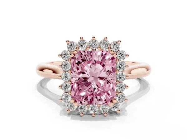 Fancy Pink Radiant Cut Cut Diamond Halo Ring with Solitaire Band and Prong Setting Rose gold