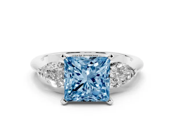 Fancy Blue Three-Stone Princess Cut Diamond Ring with Pear Side Stones and Four-Prong Setting White gold