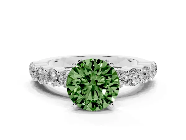 Fancy Green Round Cut Diamond Solitaire Ring with Shared Prong Round Side Stones Platinum