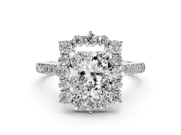 Radiant Cut Halo Diamond Ring with Pavé Band and Prong Setting Platinum