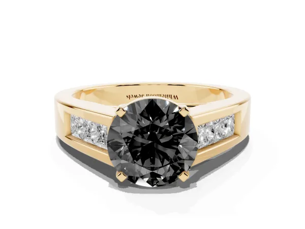Fancy Black Round Cut Cut Channel Set Solitaire Ring with Four-Prong Setting Yellow gold