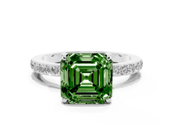 Fancy Green Asscher Cut Diamond Pavé Engagement Ring with Round Accents and Prong Setting White gold