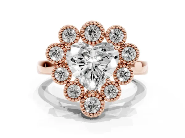 Heart Cut Halo Diamond Cluster Engagement Ring with Milgrain Bezel Setting and Solitaire Band Rose gold