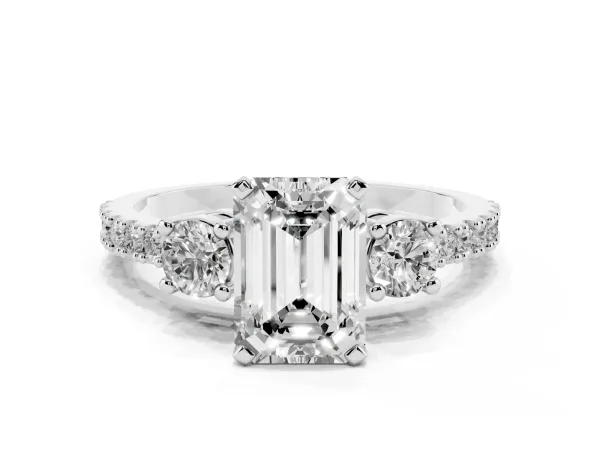 Emerald Cut Three-Stone Diamond Pavé Band with Prong Setting Platinum