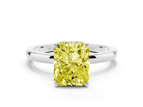 Fancy Yellow Radiant Cut Solitaire Engagement Ring with Cathedral Band and Four-Prong Setting White gold