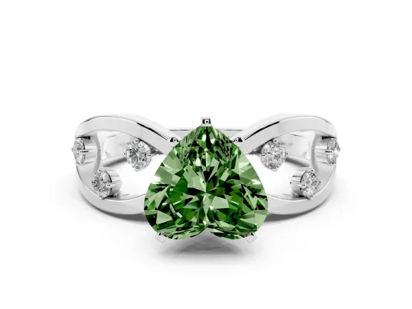 Fancy Green Heart Cut Cut Solitaire Diamond with Side Stones on Criss-Cross Band and Four-Prong Setting Platinum