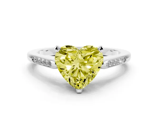 Fancy Yellow Heart Cut Diamond Solitaire Ring with Channel Set Round Band and Prong Setting White gold