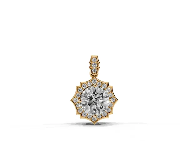 Round Diamond Halo Pendant with Milgrain Prong Setting Yellow gold