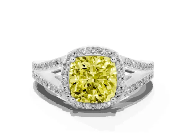 Fancy Yellow Cushion Cut Halo Split Shank Diamond Ring with Prong Setting Platinum