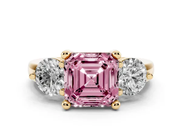 Fancy Pink Three-Stone Asscher Cut Brilliant Cut Solitaire Ring with Prong Setting on a Classic Band Yellow gold
