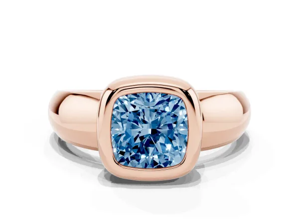 Fancy Blue Bezel Set Cushion Cut Solitaire Ring with Wide Band Rose gold