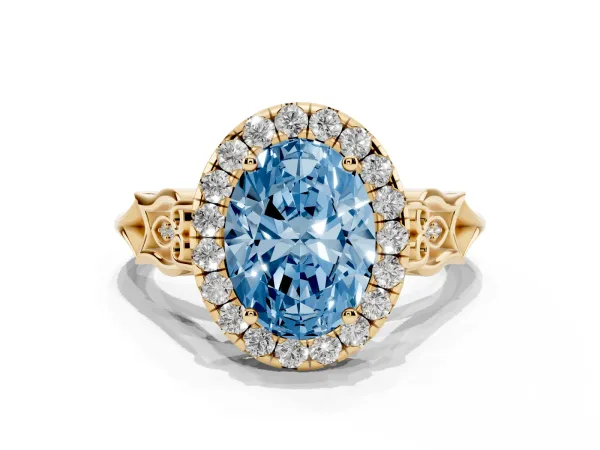 Fancy Blue Oval Cut Halo Diamond Engagement Ring with Filigree Band and Four-Prong Setting Yellow gold