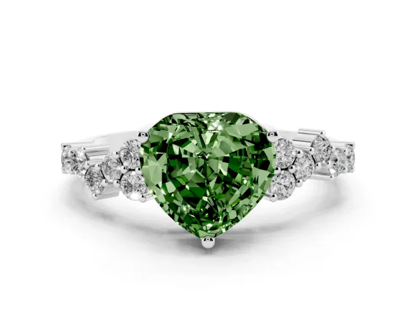 Fancy Green Heart Cut Diamond Scattered Round Accent Ring with Prong Setting Platinum