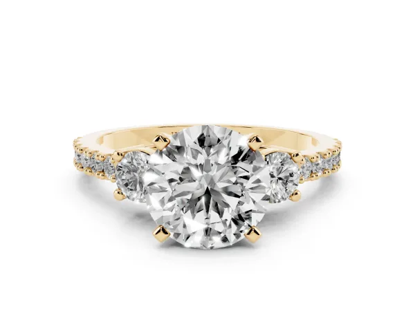 Round Cut Three-Stone Diamond Pavé Band with Prong Setting Yellow gold