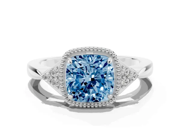 Fancy Blue Hexagonal Halo Cushion Cut Diamond Solitaire with Pavé Band and Four-Prong Setting White gold