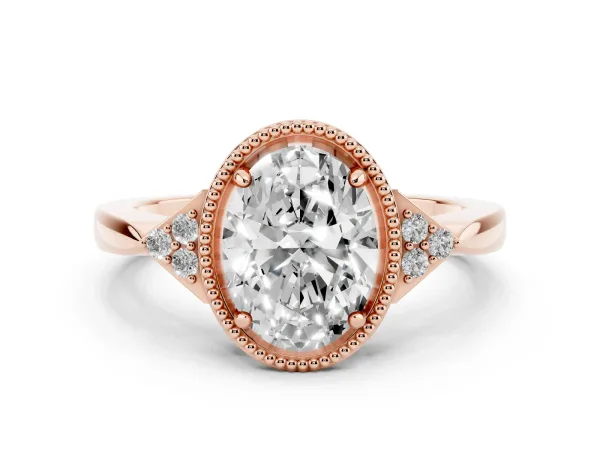 Hexagonal Halo Oval Cut Diamond Solitaire with Pavé Band and Four-Prong Setting Rose gold