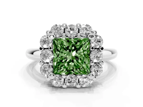 Fancy Green Princess Cut Halo Cluster Diamond Engagement Ring with Prong Setting and Polished Band White gold