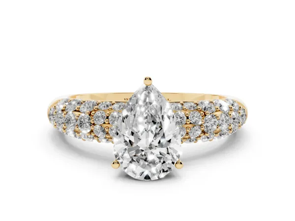 Pear Cut Diamond Pavé Band Solitaire Ring with Four-Prong Setting Yellow gold