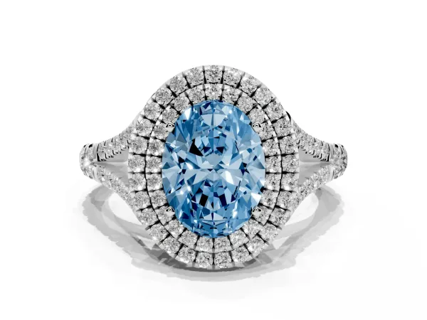 Fancy Blue Double Halo Oval Cut Diamond Split Shank Engagement Ring with Four-Prong Setting Platinum