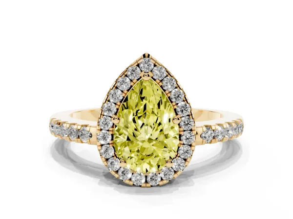 Fancy Yellow Pear Cut Halo Diamond Engagement Ring with Pavé Band and Four-Prong Setting Yellow gold