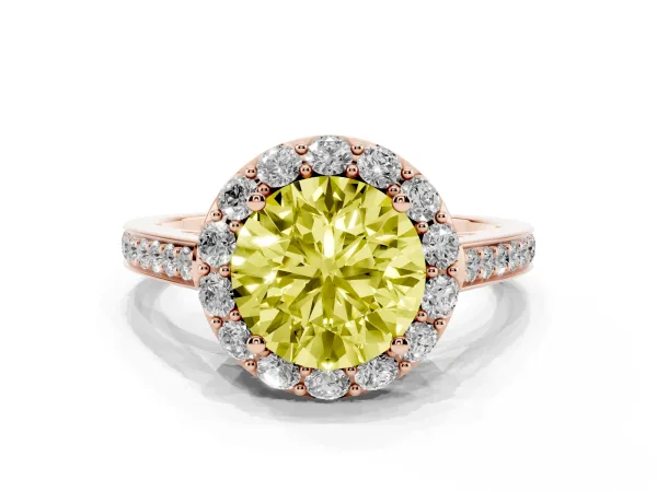 Fancy Yellow Round Cut Diamond Floral Halo Ring with Pavé Band and Prong Setting Rose gold