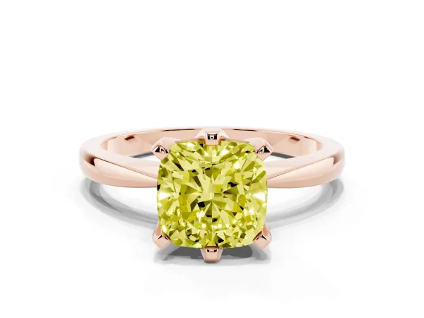 Fancy Yellow Cushion Cut Solitaire Engagement Ring with Six-Prong Setting and Tapered Band Rose gold
