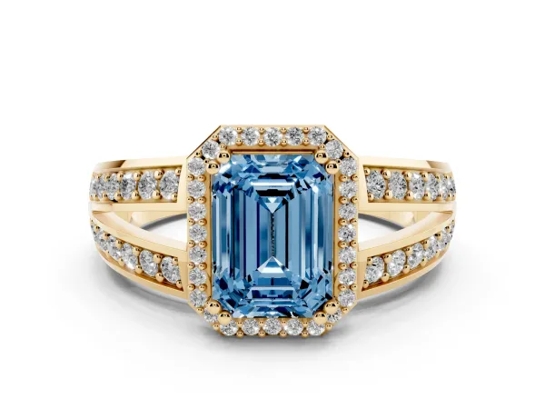Fancy Blue Emerald Cut Diamond Halo Ring with Split Shank Pavé Band and Four-Prong Setting Yellow gold