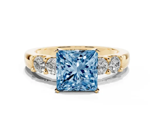 Fancy Blue Princess Cut Brilliant Cut Diamond Five-Stone Prong Set Engagement Ring with Channel Band Yellow gold