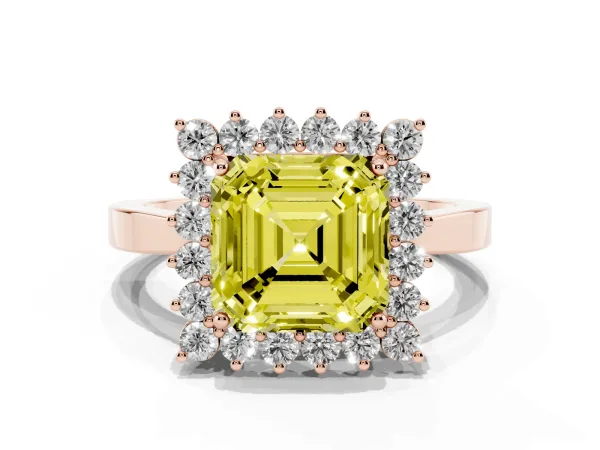 Fancy Yellow Asscher Cut Cut Diamond Halo Ring with Round Brilliant Halo and Solitaire Band Rose gold