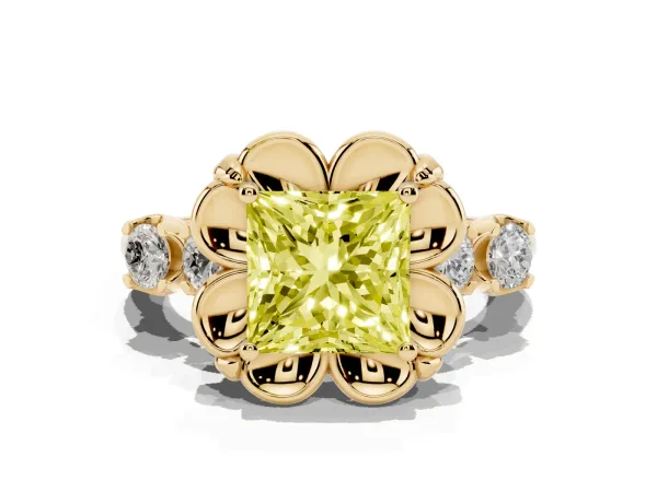 Fancy Yellow Princess Cut Cut Diamond Floral Halo Engagement Ring with Shared Prong Setting Yellow gold