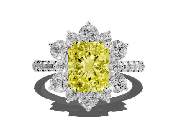 Fancy Yellow Radiant Cut Diamond Floral Halo Ring with Round Pavé Band and Prong Setting Platinum
