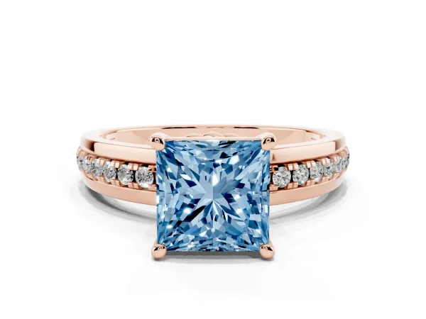 Fancy Blue Princess Cut Solitaire Diamond Ring with Channel Set Band and Six-Prong Setting Rose gold