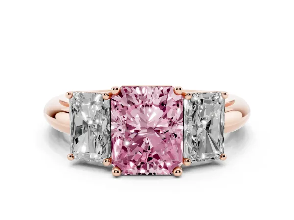 Fancy Pink Three-Stone Radiant Cut Cut Diamond Engagement Ring with Prong Setting on a White Gold Band Rose gold
